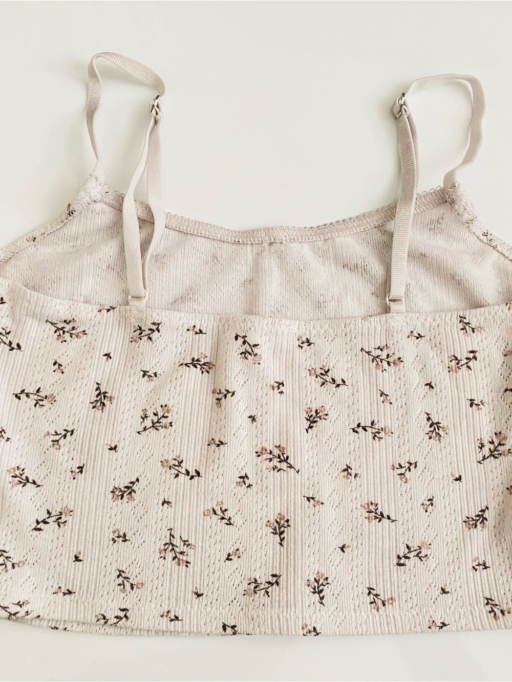 White Cropped cami tank top with Pink Floral Print and Rose Accent - Picture 5 of 7